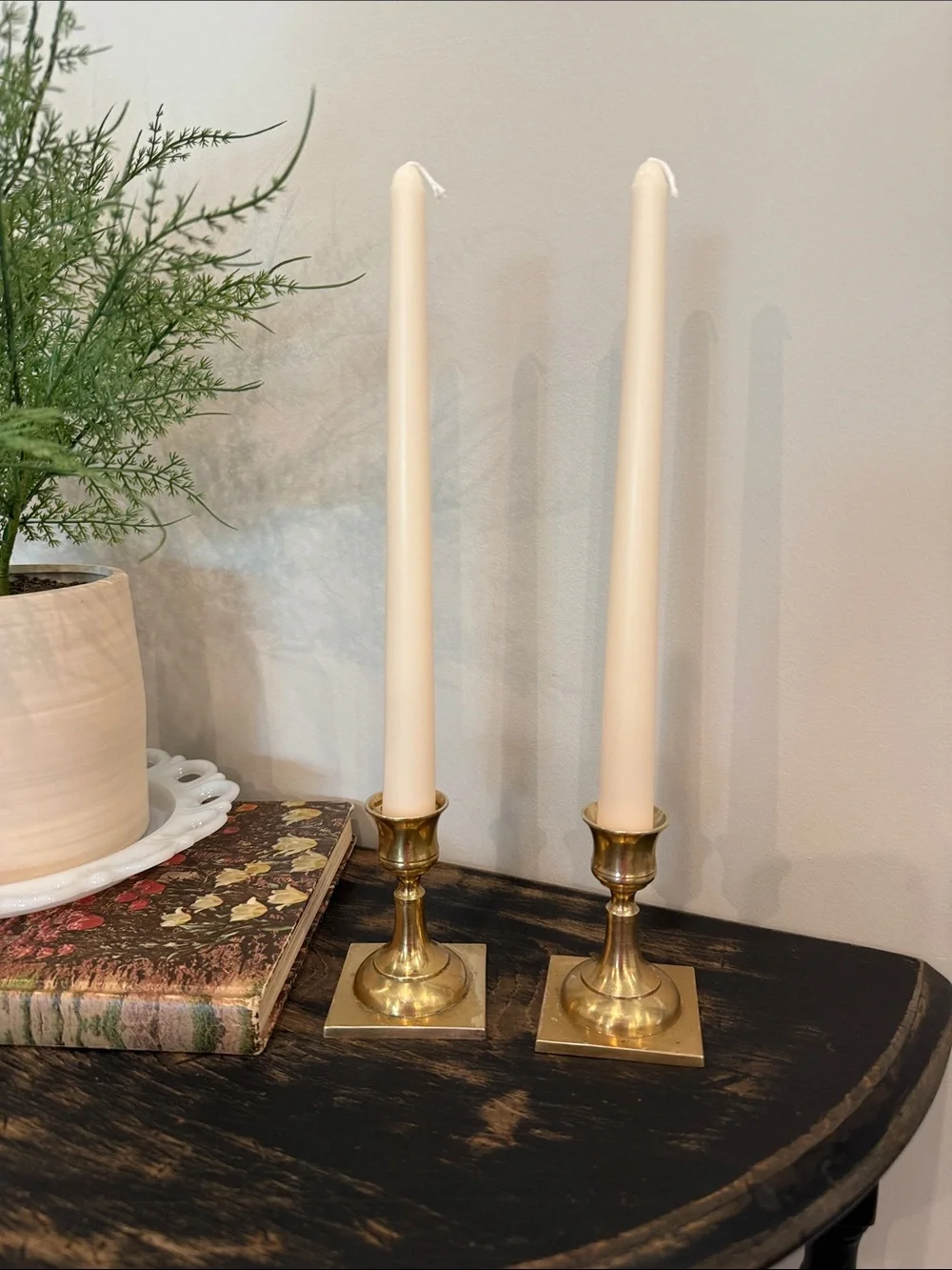 Vintage  Brass Candlesticks Pair Square Base Made in Japan Mid Century